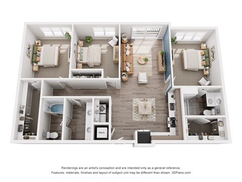 Floor plan for 3 beds, 2 baths, 1415 sqft